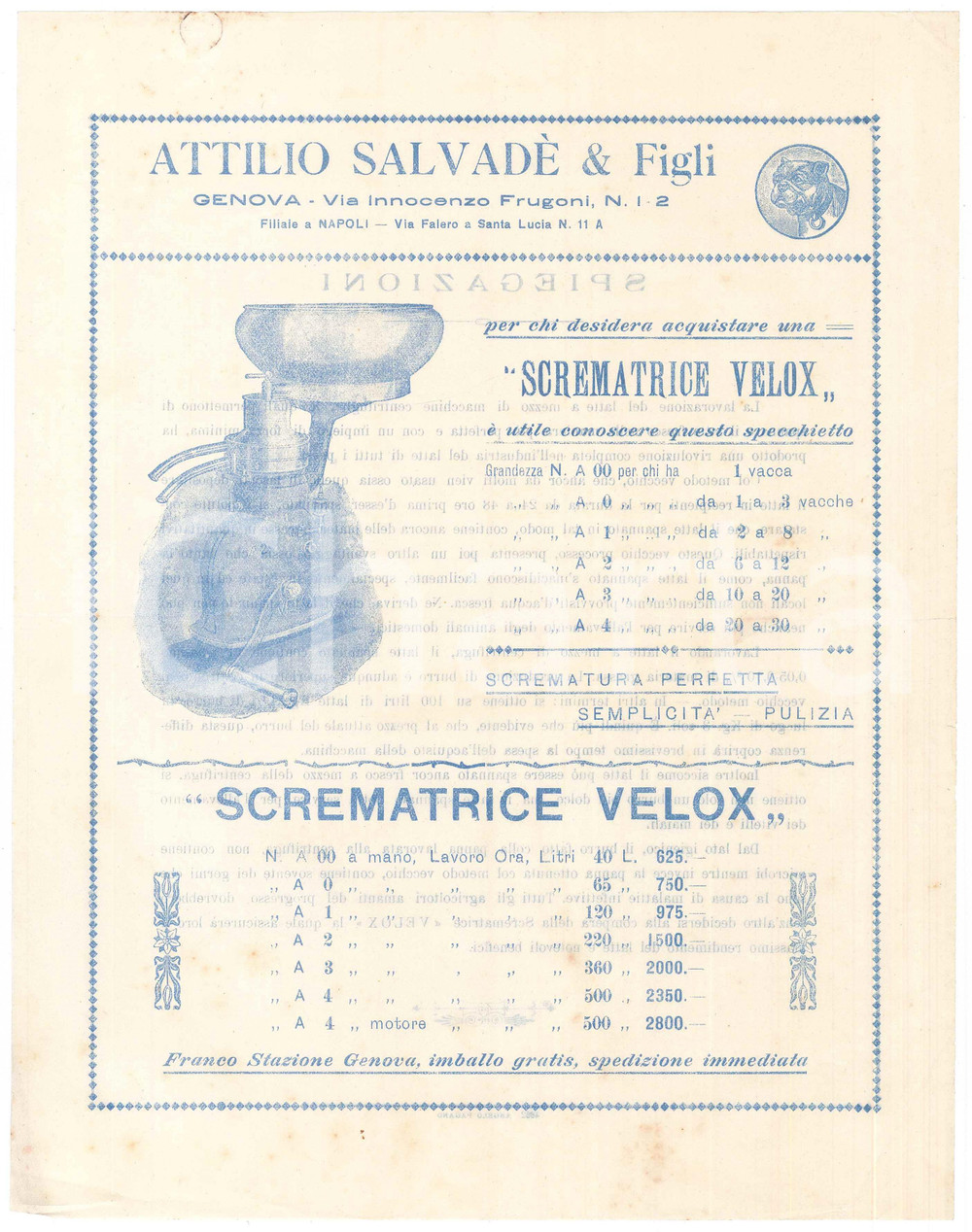 Materiale pubblicitario d’epoca 1910 ca GENOVA Attilio SALVADE  & Figli  Scrematrice VELOX  Volantino 23x30 cm 1