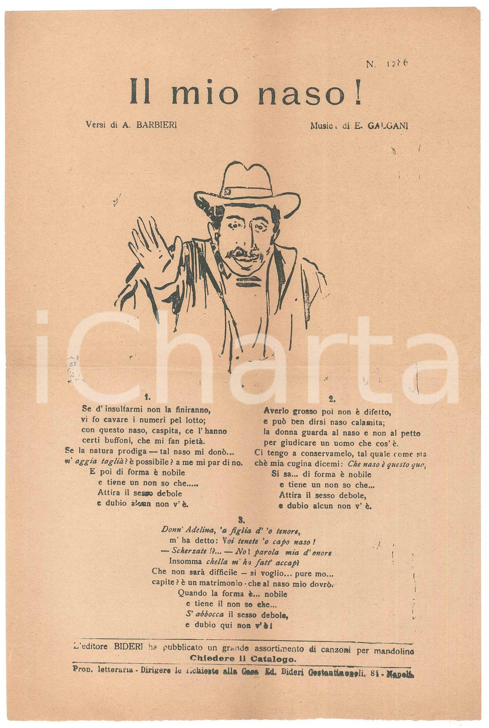 Oggetto da collezione cartaceo 1890 ca A. BARBIERI  E. GALGANI Il mio naso! CANZONE NAPOLETANA Ed. BIDERI 1