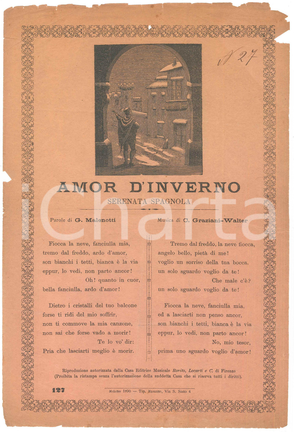 Oggetto da collezione cartaceo 1890 G. MALENOTTI  C. GRAZIANIWALTER Amor d inverno  Serenata spagnola 1