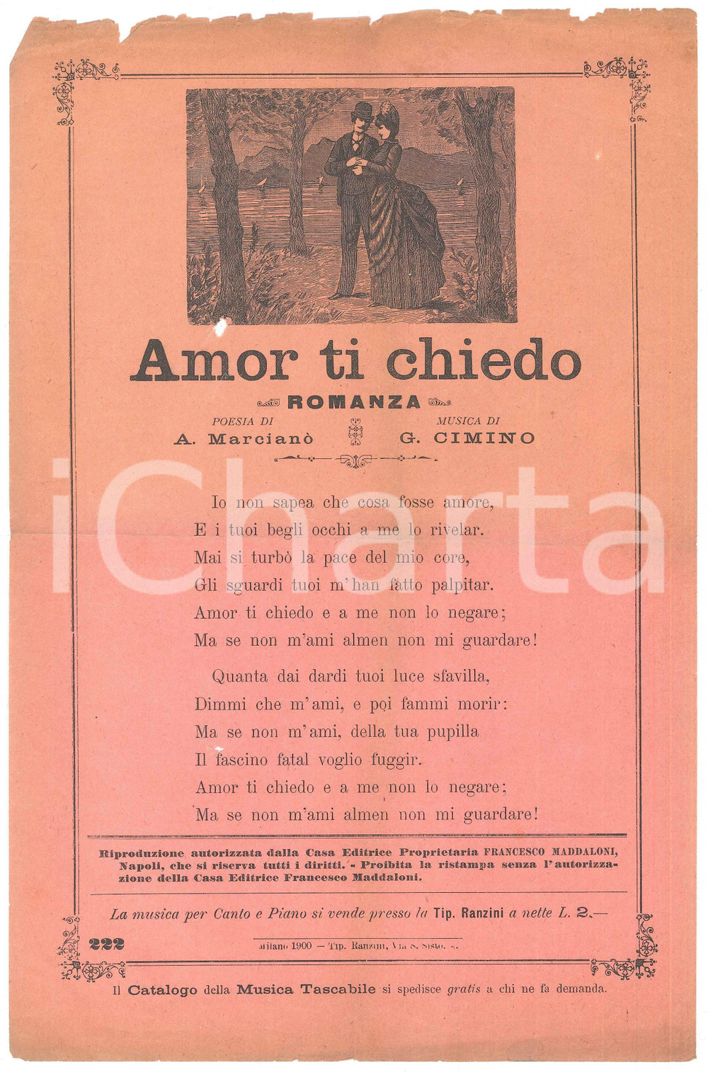Oggetto da collezione cartaceo 1900 A. MARCIANÃ’  G. CIMINO Romanza Amor ti chiedo  Tip. RANZINI  MILANO 1
