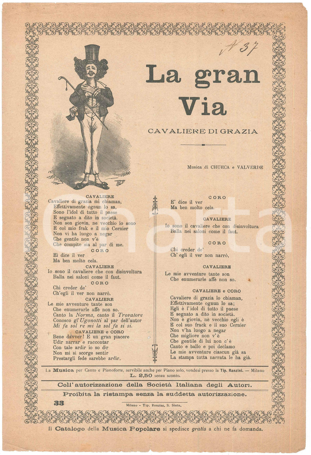 Oggetto da collezione cartaceo 1890 ca CHUECA e VALVERDE Canzone La gran via  Cavaliere di grazie RENZINI 1