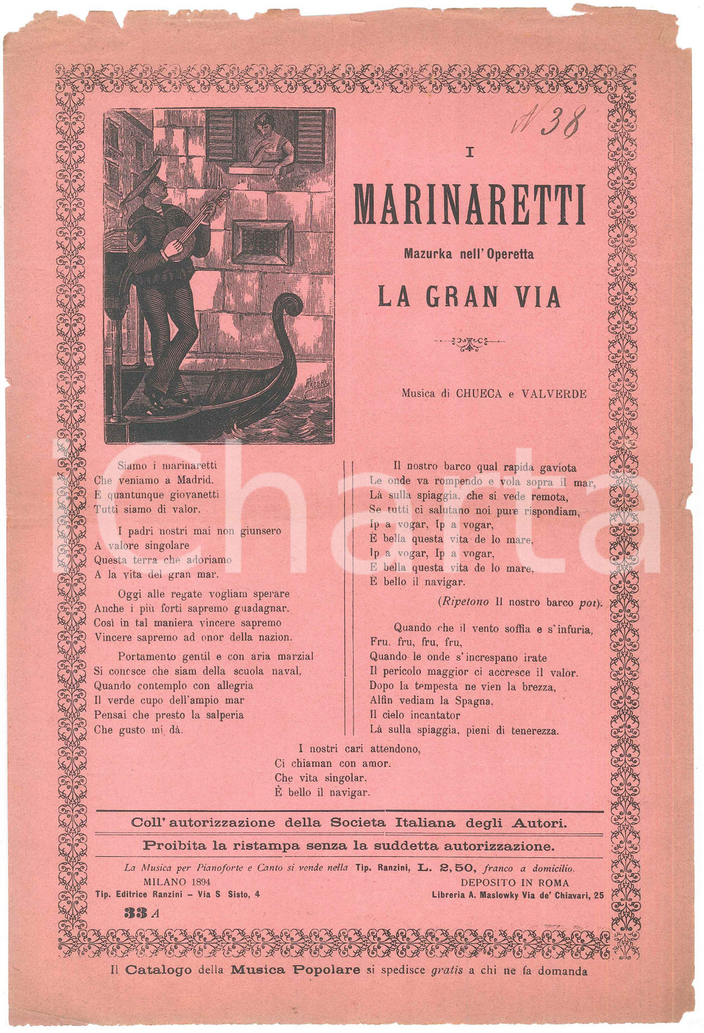 Oggetto da collezione cartaceo 1894 CHUECA e VALVERDE I marinaretti Mazurka nell operetta LA GRAN VIA 1