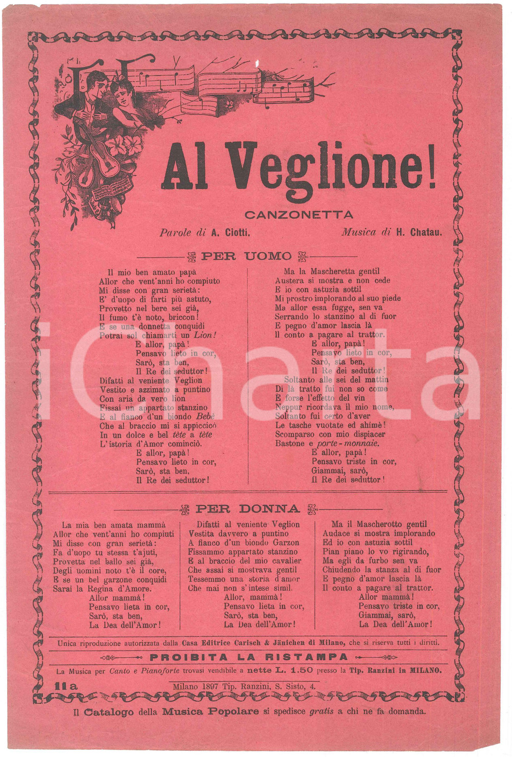 Oggetto da collezione cartaceo 1897 A. CIOTTI  H. CHATAU Al veglione!  Canzone per uomo e per donna 1
