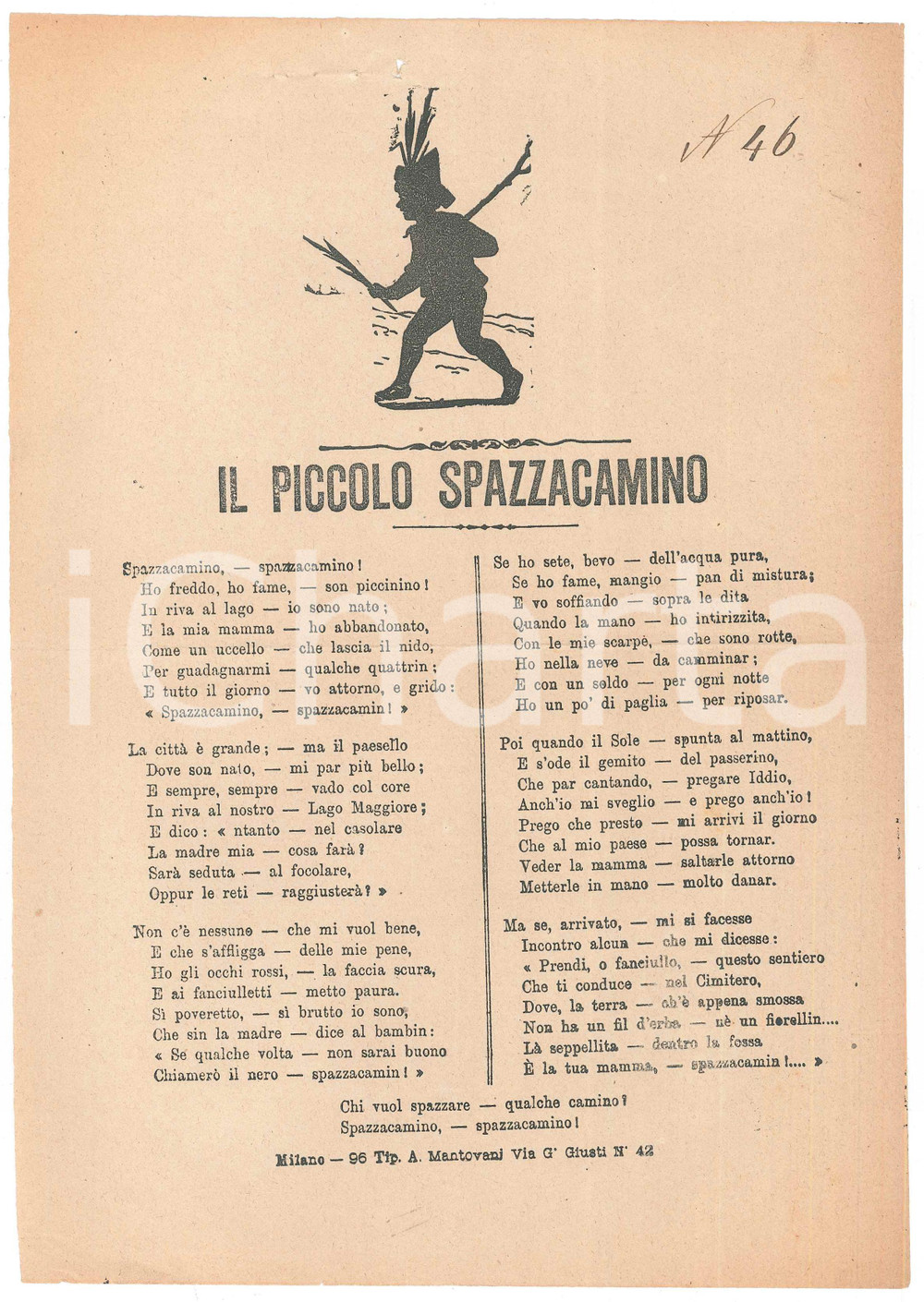 Oggetto da collezione cartaceo 1890 ca MILANO Canzone Il piccolo spazzacamino  Tip. A. Mantovani 19x27 cm 1