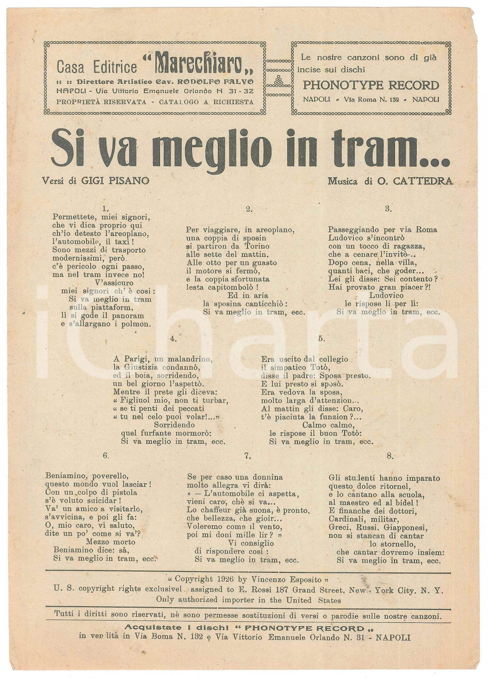 Oggetto da collezione cartaceo 1926 O. CATTEDRA Gigi PISANO Si va meglio in tram...  Edizioni MARECHIARO 1