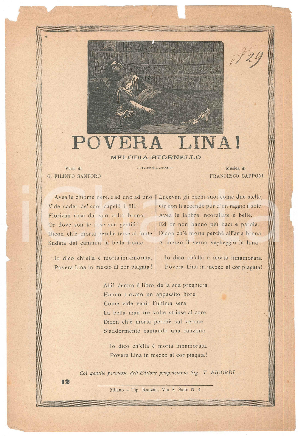 Oggetto da collezione cartaceo 1890 ca G. FILINTO SANTORO Francesco CAPPONI Povera Lina!  Melodia stornello 1