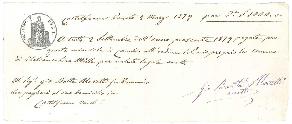Oggetto da collezione cartaceo 1879 CASTELFRANCO VENETO TV Cambiale per Giovanni Battista MORETTI 1