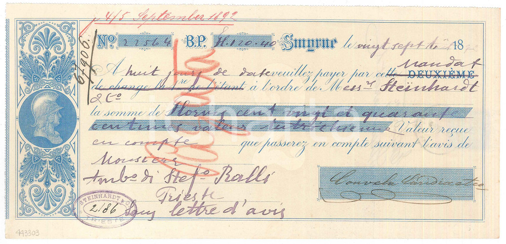 1892 SMYRNE (TURKEY) Cambiale per STEINHARD & C. - Trieste Cambiale originale d'epoca. FAIR/discreto piegature d'epoca Formato: 25x10 cm originale e autentica 1