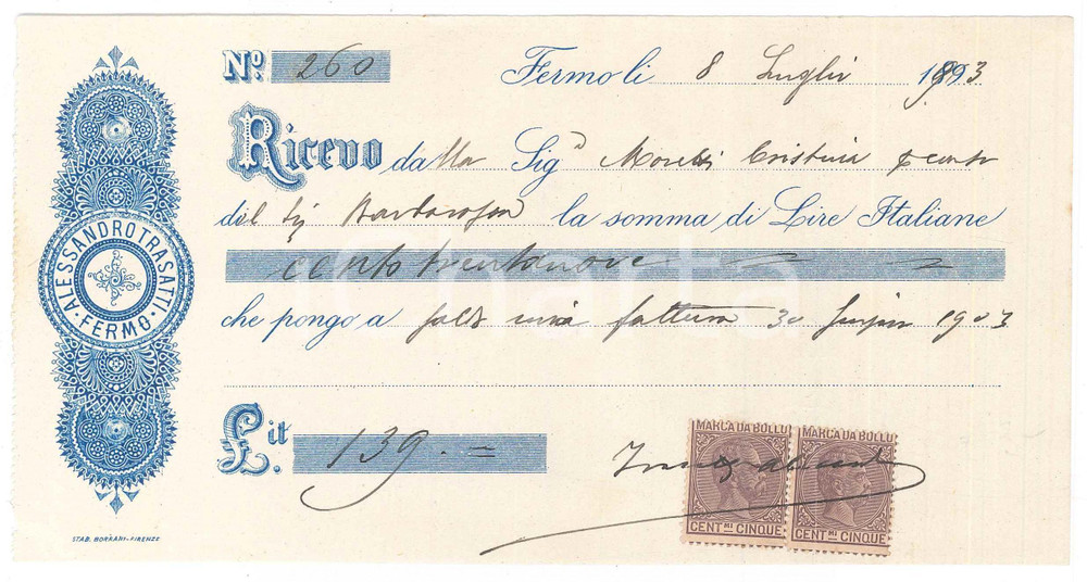 Oggetto da collezione cartaceo 1893 FERMO  Alessandro TRASATTI  Cambiale pubblicitaria 1