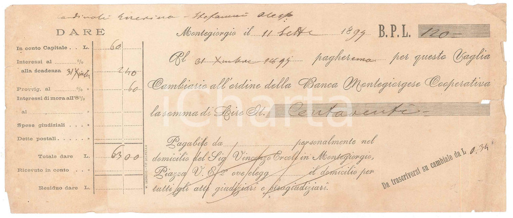 Oggetto da collezione cartaceo 1894 MONTEGIORGIO FM Banca Montegiorgese Cooperativa  Vaglia cambiario 1