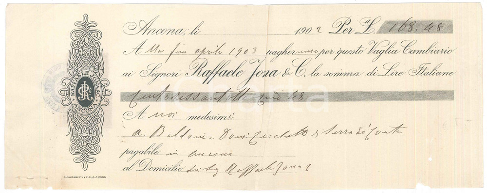 Oggetto da collezione cartaceo 1902 ANCONA Ditta Raffaele JONA & C.  Assegno pubblicitario 1