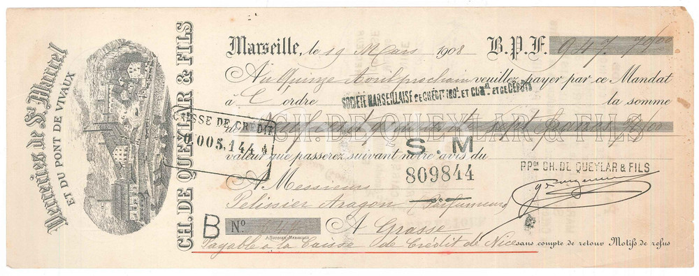 Oggetto da collezione cartaceo 1908 MARSEILLE Verreries St. Marcel  Charles DE QUEYLAR  Assegno pubblicitario 1