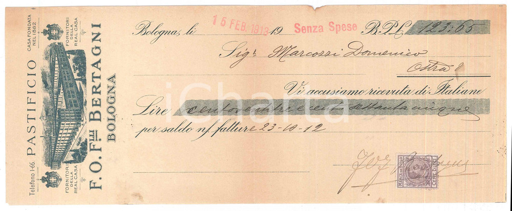 Oggetto da collezione cartaceo 1913 BOLOGNA Pastificio Fratelli BERTAGNI  Assegno pubblicitario 1