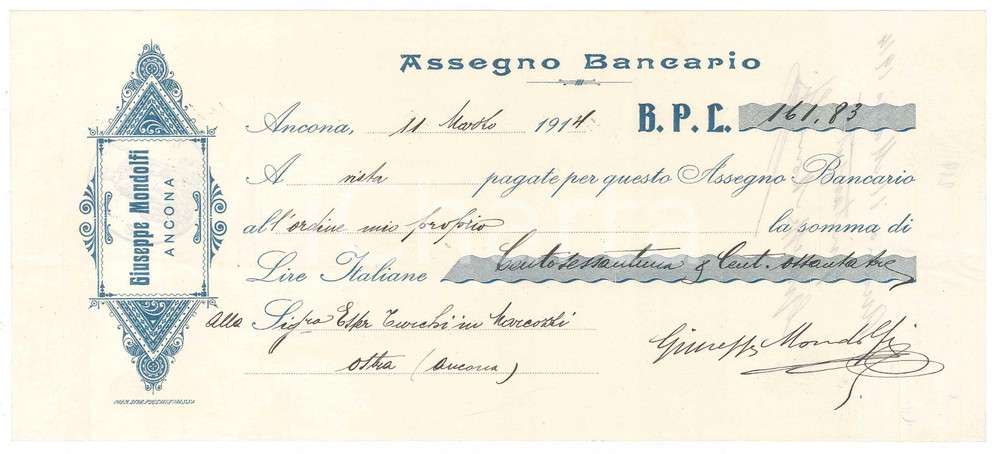 Oggetto da collezione cartaceo 1914 ANCONA Ditta Giuseppe MONDOLFI  Assegno pubblicitario 1