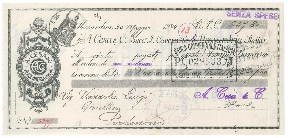 Oggetto da collezione cartaceo 1924 ALESSANDRIA  Ditta A. CESA  Assegno pubblicitario 1