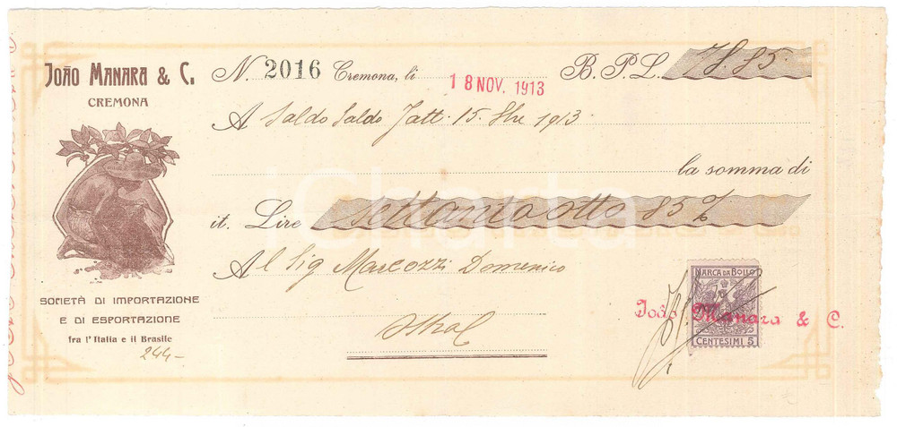 Oggetto da collezione cartaceo 1913 CREMONA  JOAO MANARA Importazione ItaliaBrasile  Assegno pubblicitario 1