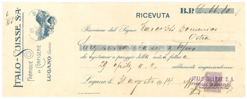 Oggetto da collezione cartaceo 1914 LUGANO  ITALOSUISSE Fabrique de Confiserie  Ricevuta pubblicitaria 1