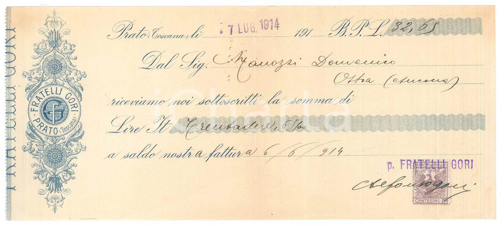 Oggetto da collezione cartaceo 1914 TOSCANA  PRATO  Ditta Fratelli GORI  Ricevuta pubblicitaria 1