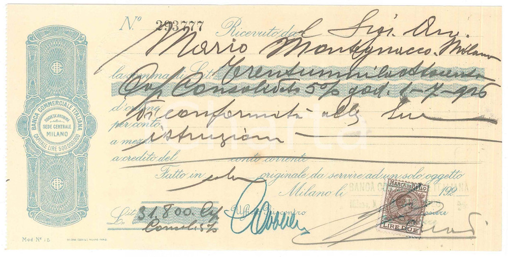 Oggetto da collezione cartaceo 1920 ca MILANO  BANCA COMMERCIALE ITALIANA  Ricevuta pubblicitaria 1