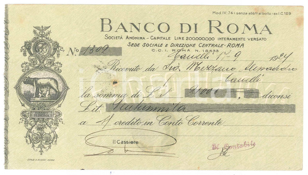 Oggetto da collezione cartaceo 1924 CANELLI AT  BANCO DI ROMA  Ricevuta pubblicitaria 1