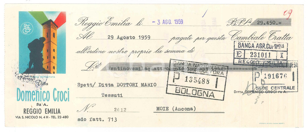 Oggetto da collezione cartaceo 1959 REGGIO EMILIA  Ditta Domenico CROCI  Cambiale pubblicitaria 1