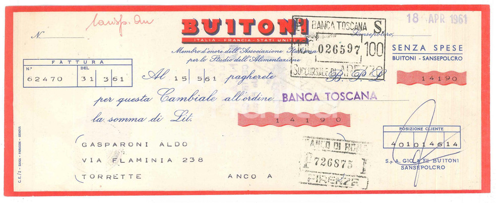 Oggetto da collezione cartaceo 1961 SANSEPOLCRO  Ditta BUITONI  Cambiale pubblicitaria 1