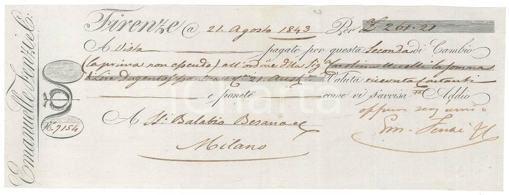 Oggetto da collezione cartaceo 1843 FIRENZE  Emanuele FENZI & C.  Cambiale pubblicitaria RARA 1