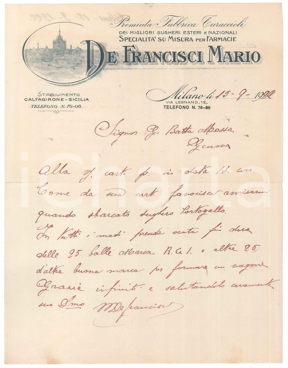 Documento originale, autentico 1922 MILANO via Legnano 12  Mario DE FRANCISCI  Fabbrica turaccioli  Lettera 1