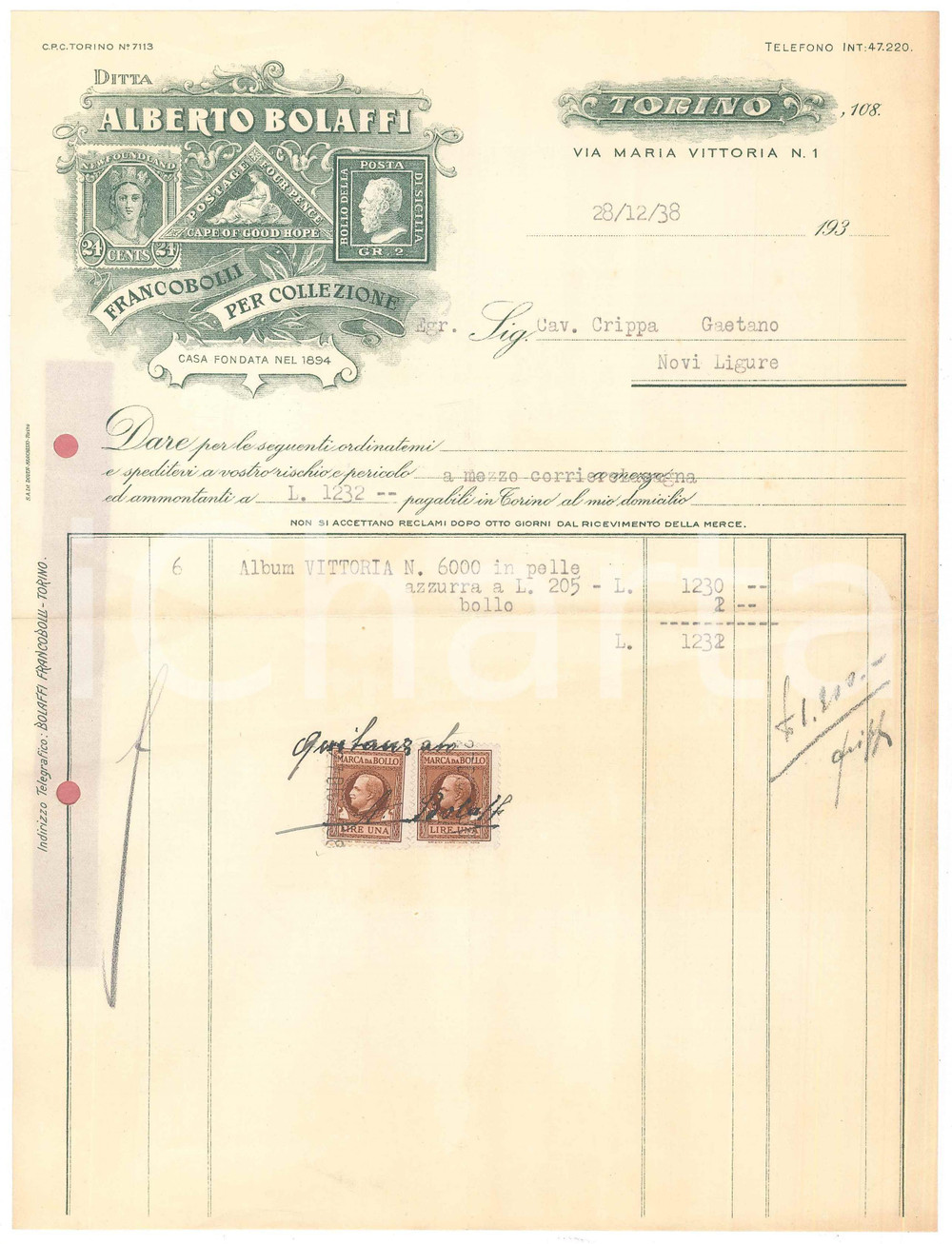 Documento originale, autentico 1938 TORINO via Maria Vittoria  Alberto BOLAFFI Francobolli Fattura AUTOGRAFO 1