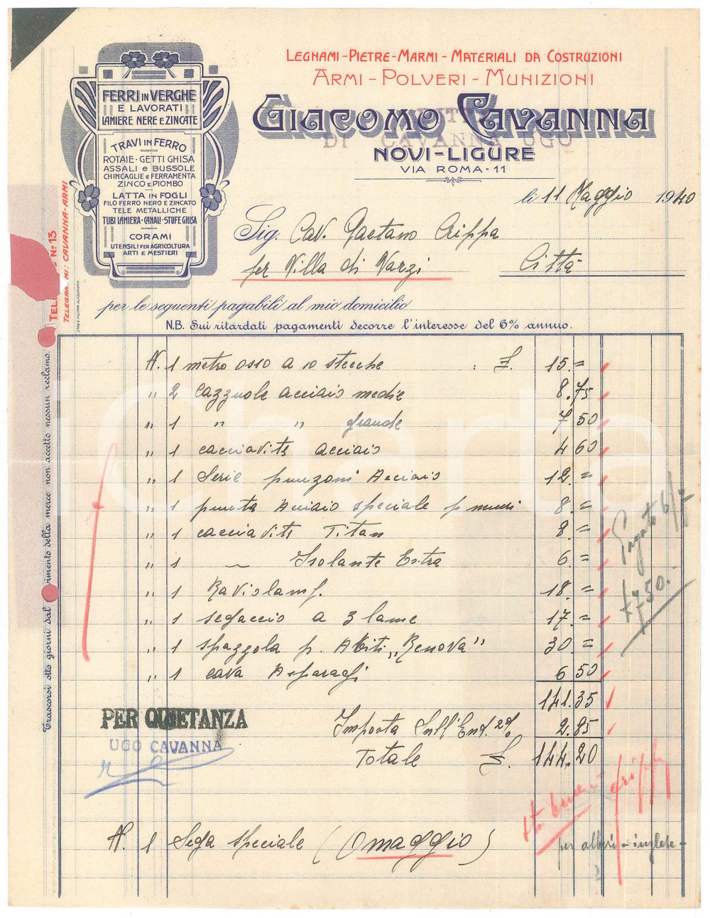 Documento originale, autentico 1940 NOVI LIGURE AL Giacomo CAVANNA Ferri in verghe  Travi Fattura 1