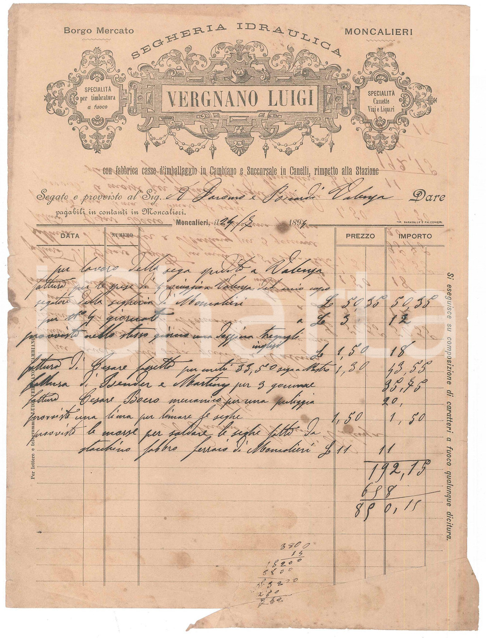 Documento originale, autentico 1894 MONCALIERI TO Luigi VERGNANO Segheria idraulica e casse  Fattura 1