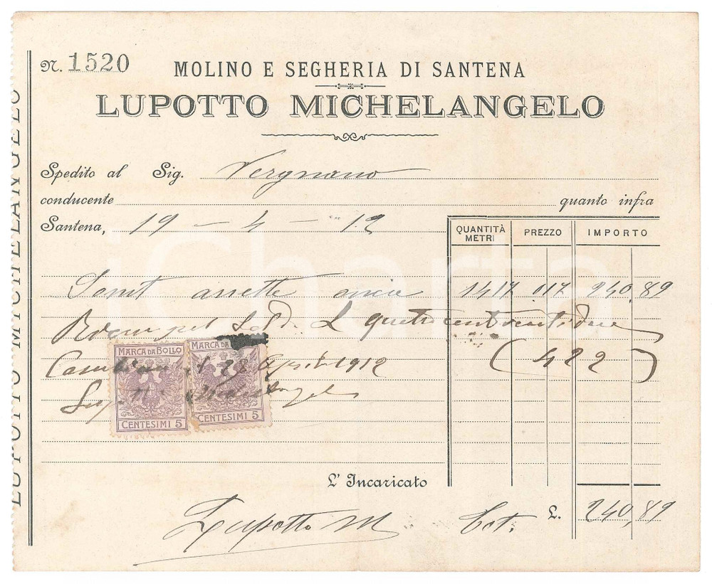 Documento originale, autentico 1912 SANTENA TO Molino e Segheria LUPOTTO Michelangelo Ricevuta spedizione 1