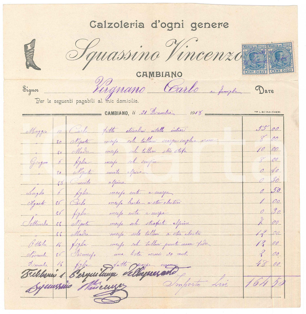 Documento originale, autentico 1918 CAMBIANO TO Vincenzo SQUASSINO  Calzoleria  Fattura intestata 1