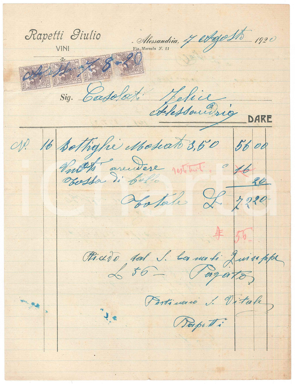 Documento originale, autentico 1920 ALESSANDRIA  Ditta RAPETTI Giulio  Vini Fattura intestata 1