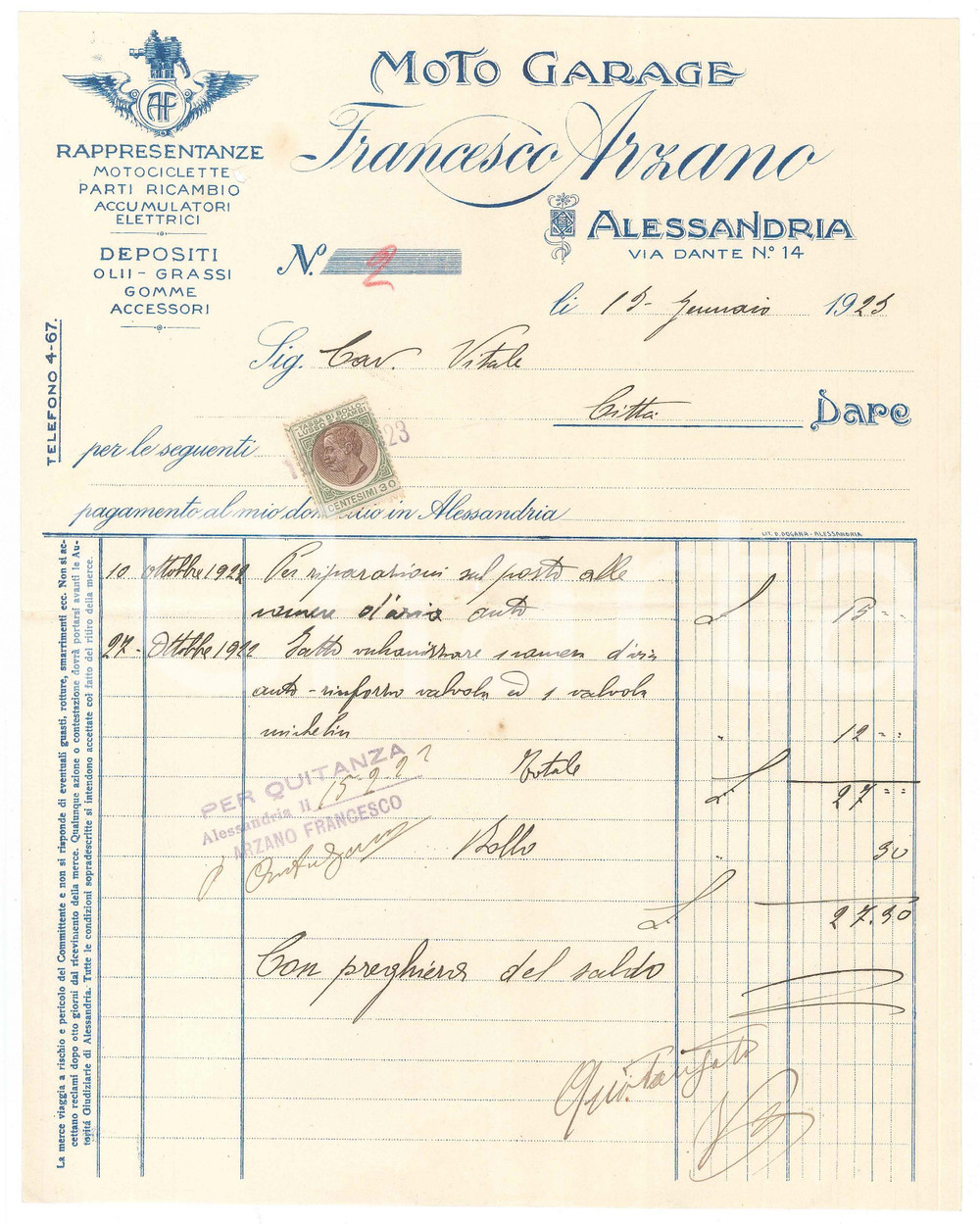 Documento originale, autentico 1923 ALESSANDRIA Francesco ARZANO Moto Garage  Fattura intestata 1