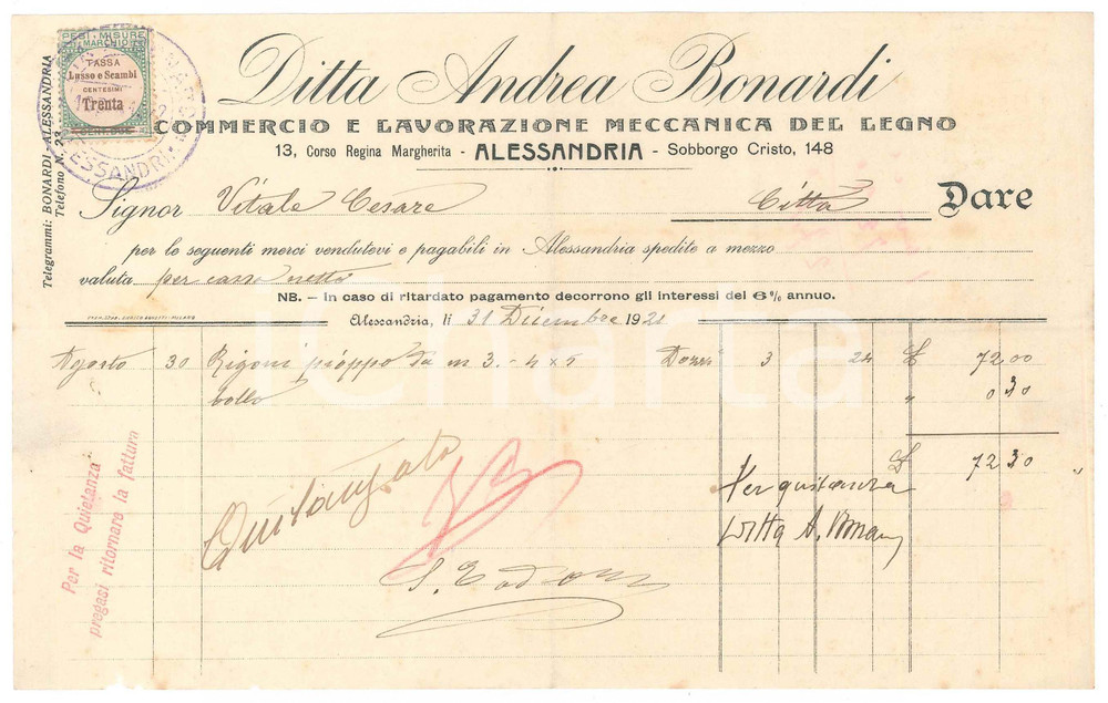 Documento originale, autentico 1921 ALESSANDRIA  Ditta Andrea BONDARDI Commercio e lavorazione legno Fattura 1