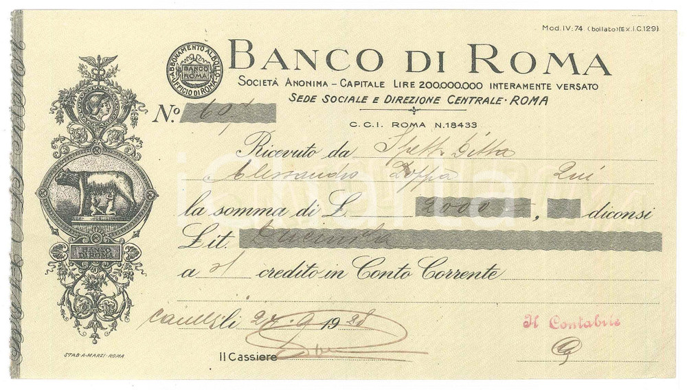 Oggetto da collezione cartaceo 1928 CANELLI AT  BANCO DI ROMA  Ricevuta pubblicitaria 1