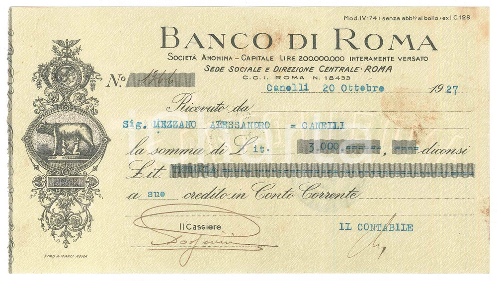 Oggetto da collezione cartaceo 1927 CANELLI AT  BANCO DI ROMA  Ricevuta pubblicitaria 1