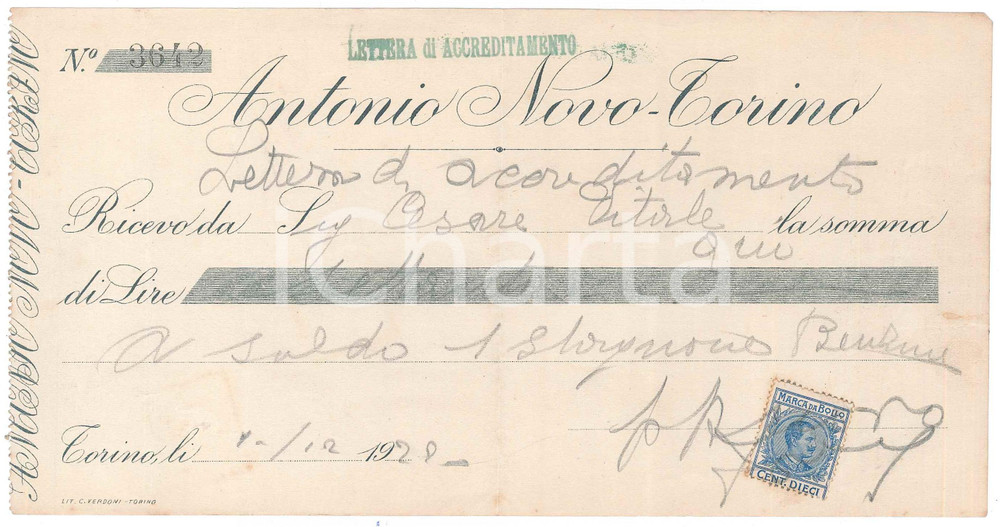 Oggetto da collezione cartaceo 1928 TORINO  Ditta Antonio NOVO  Lettera accreditamento pubblicitaria 1
