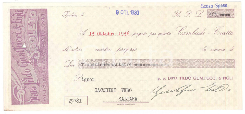Oggetto da collezione cartaceo 1936 SPOLETO  Ditta Tildo GUALFUCCI & Figli  Cambiale pubblicitaria 1