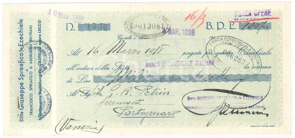 Oggetto da collezione cartaceo 1938 CASTELLO SOPRA LECCO  Ditta Giuseppe SPREAFICO fu Ezechiele  Cambiale 1