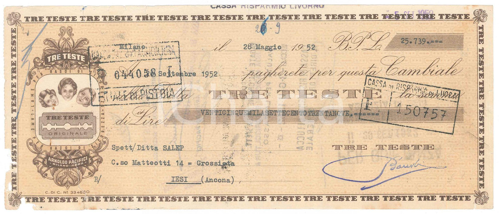 Oggetto da collezione cartaceo 1952 MILANO  Arnoldo PACIFICI  Rasoi Tre Teste  Cambiale pubblicitaria 1