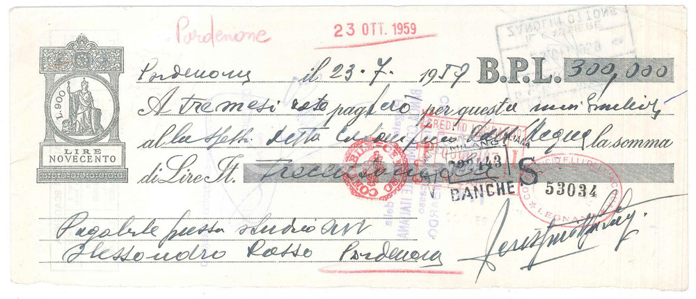 Oggetto da collezione cartaceo 1959 PORDENONE  CREDITO LOMBARDO  Cambiale Cotonificio DELL ACQUA LEGNANO 1