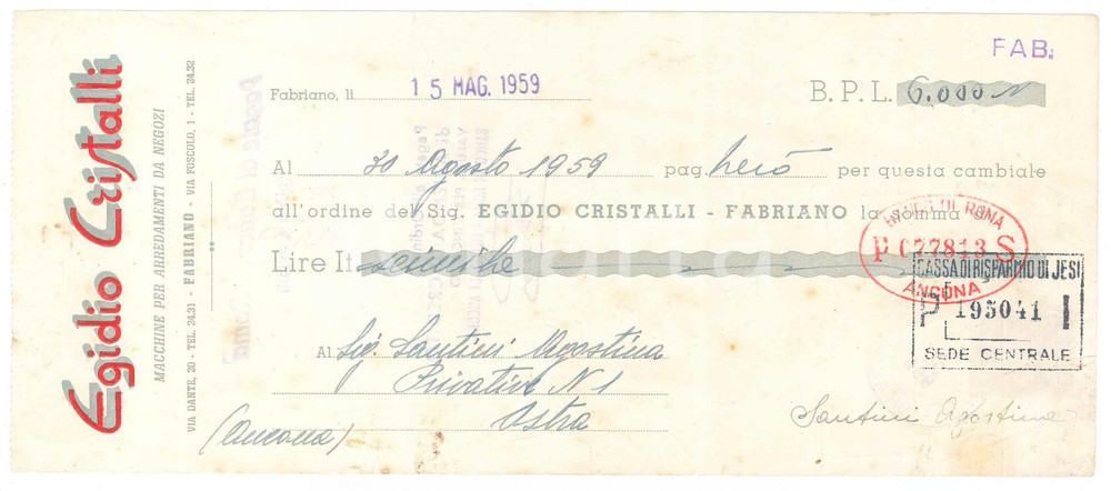 Oggetto da collezione cartaceo 1959 FABRIANO  EGIDIO CRISTALLI Macchine per arredamenti negozi  Cambiale 1