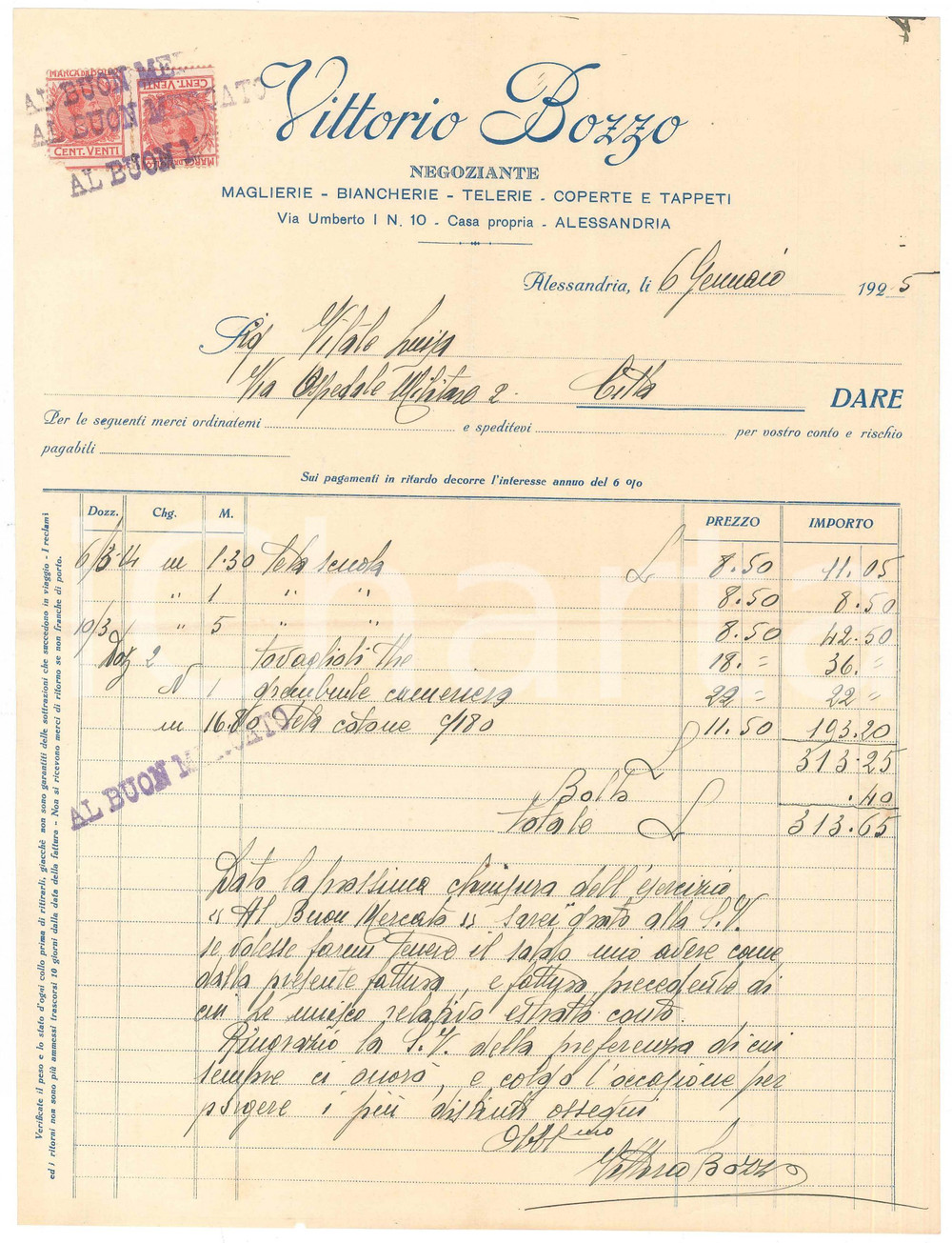 Documento originale, autentico 1925 ALESSANDRIA  Vittorio BOZZO Negoziante maglierie e telerie Fattura 1
