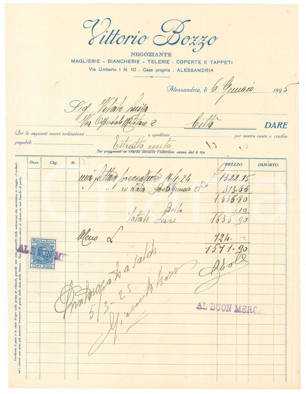 Documento originale, autentico 1925 ALESSANDRIA  Vittorio BOZZO Negoziante maglierie Fattura 1