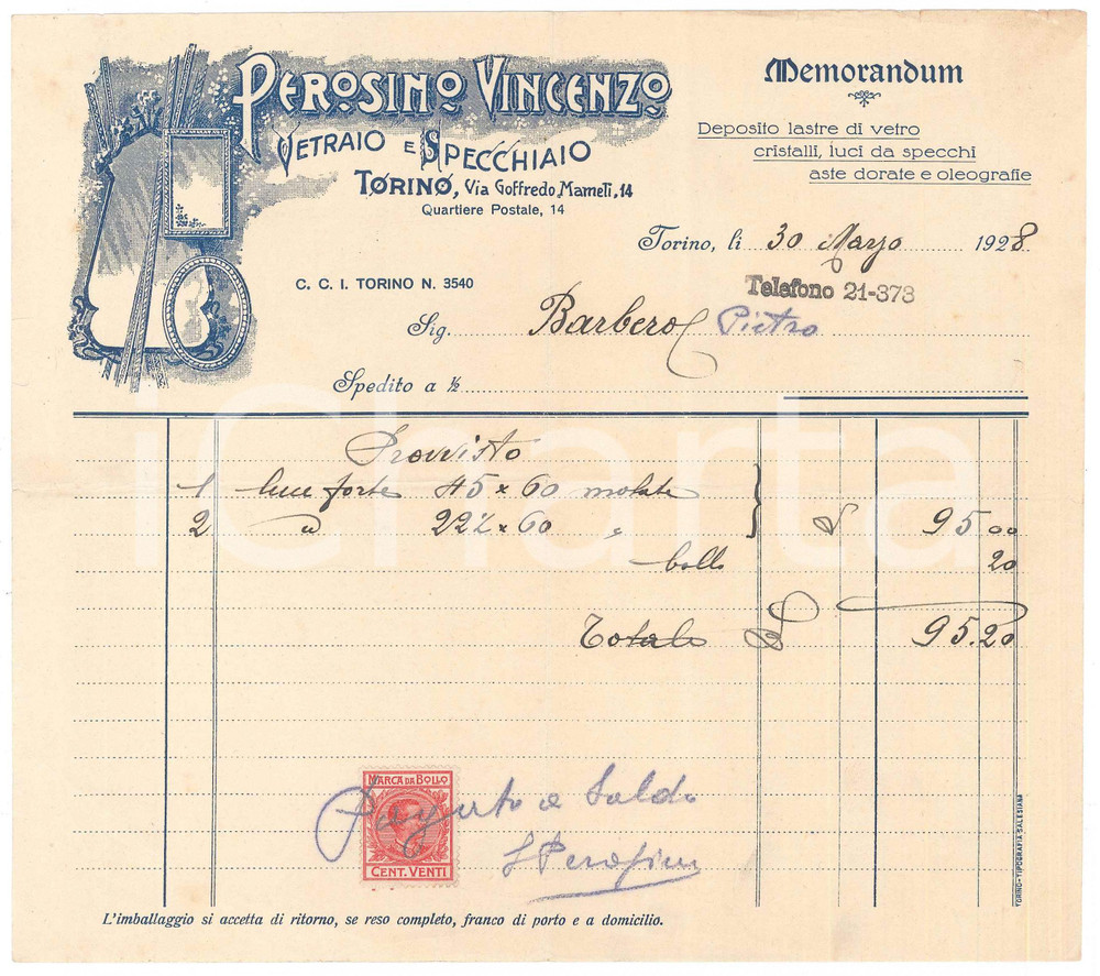 Documento originale, autentico 1928 TORINO Via Mameli 14  Vincenzo PEROSINO Vetraio e specchiaio  Fattura 1