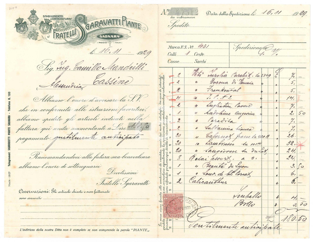 Documento originale, autentico 1929 SAONARA PD Fratelli SGARAVATTI Orticoltura  Lettera spedizione piante 1