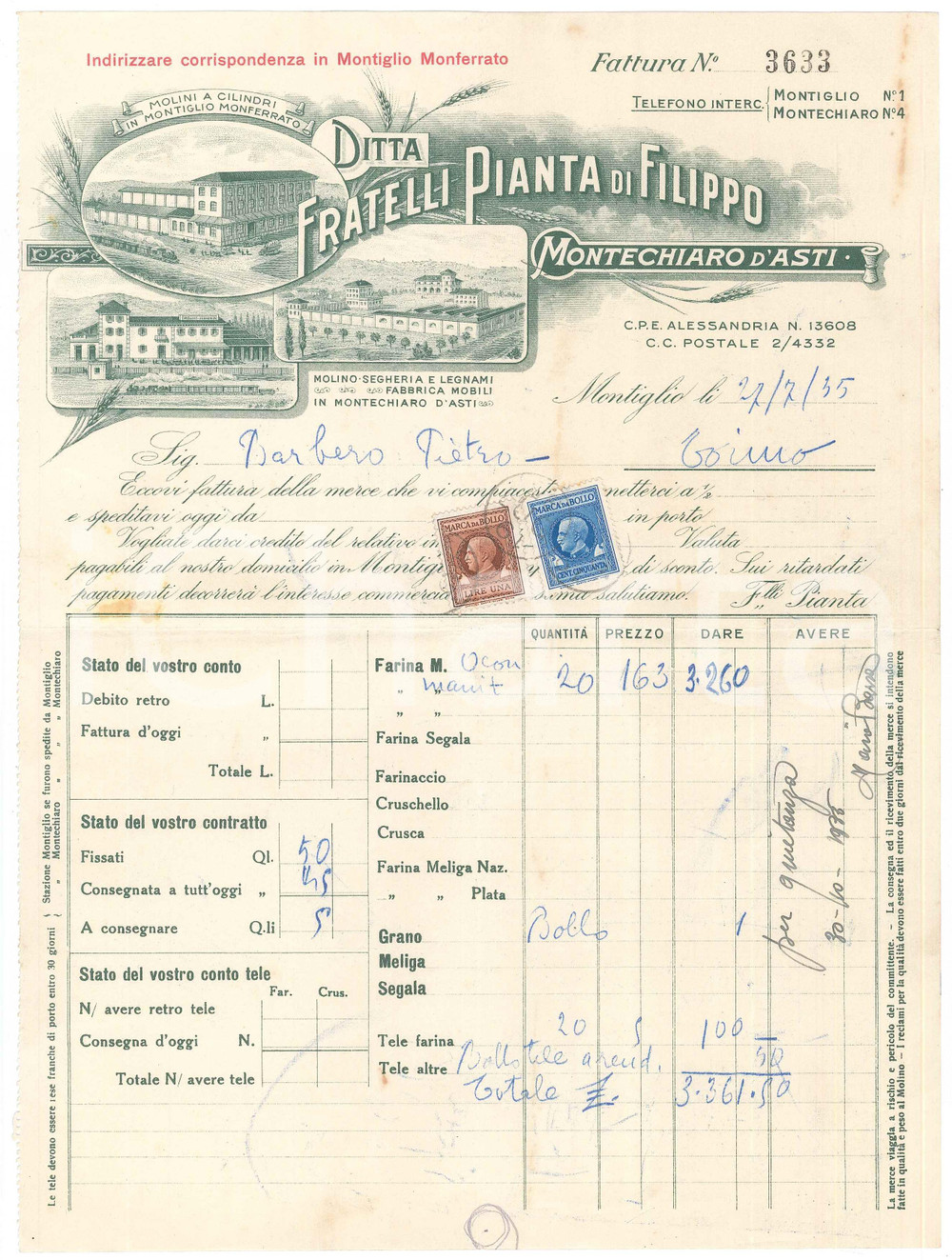 Documento originale, autentico 1955 MONTIGLIO MONERRATO  Ditta FRATELLI PIANTA Molini a cilindri  Fattura 1