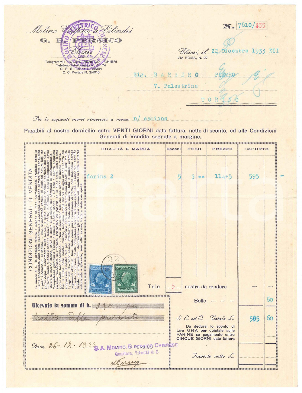 Documento originale, autentico 1933 CHIERI TO Molino elettrico a clilindri G. B. PERSICO Fattura 1